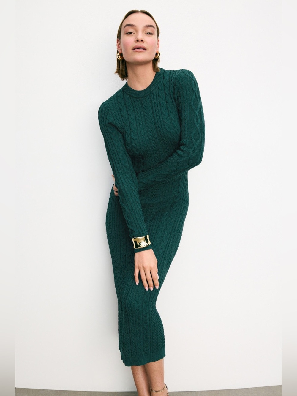 Ronny Kobo Collection Forest Green Cable-Knit Midi Dress